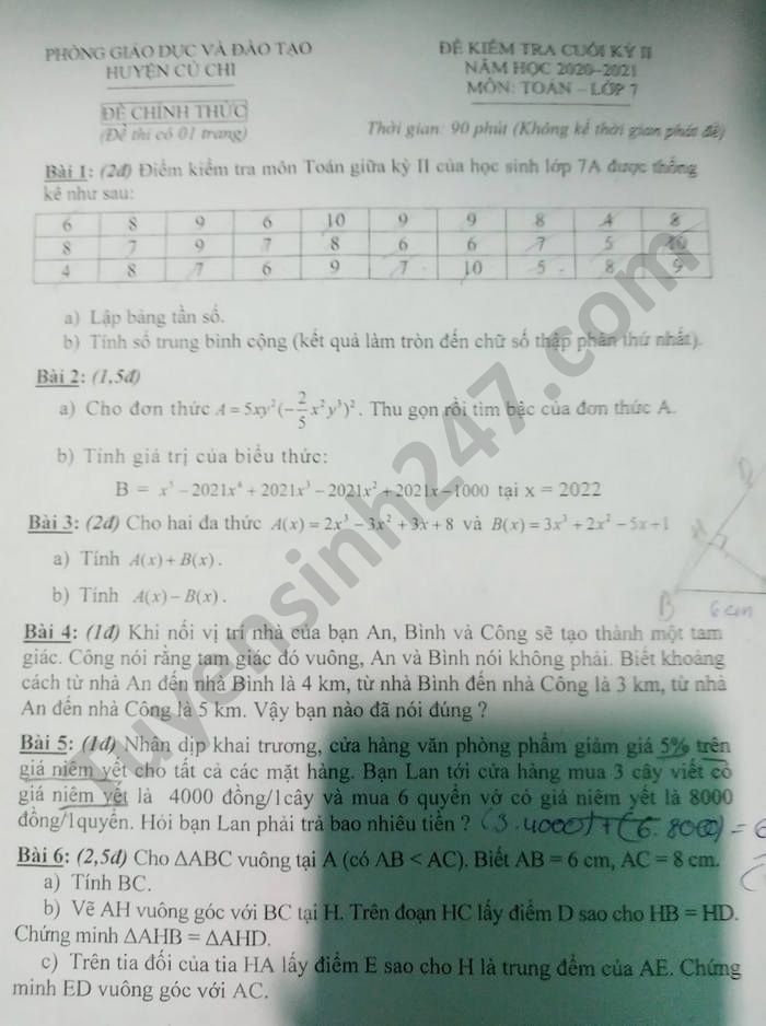 De thi hoc ki 2 nam 2021 mon Toan lop 7 - Huyen Cu Chi