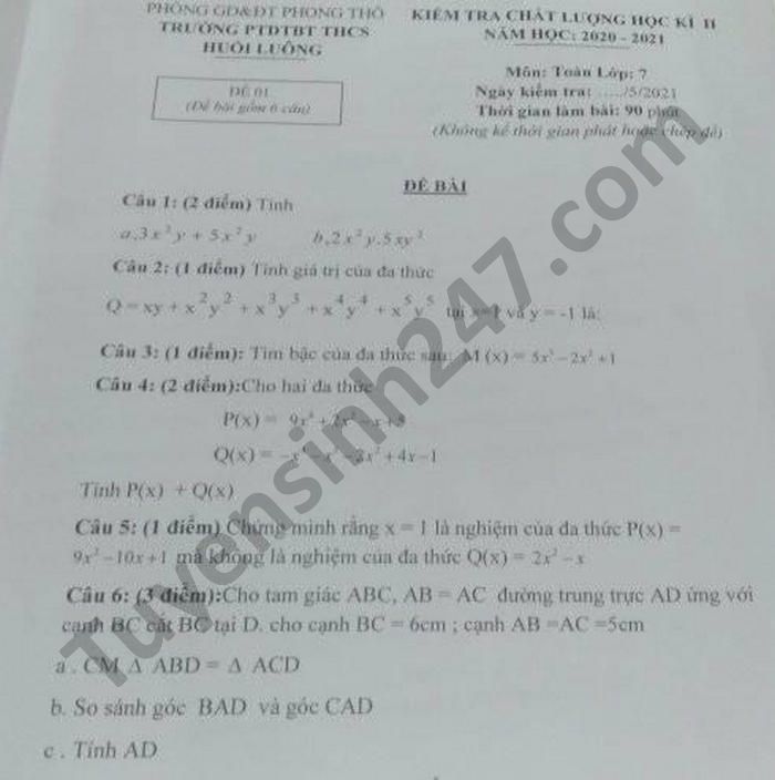 De thi hoc ki 2 nam 2021 mon Toan lop 7 PTDTBT THCS Huoi Luong