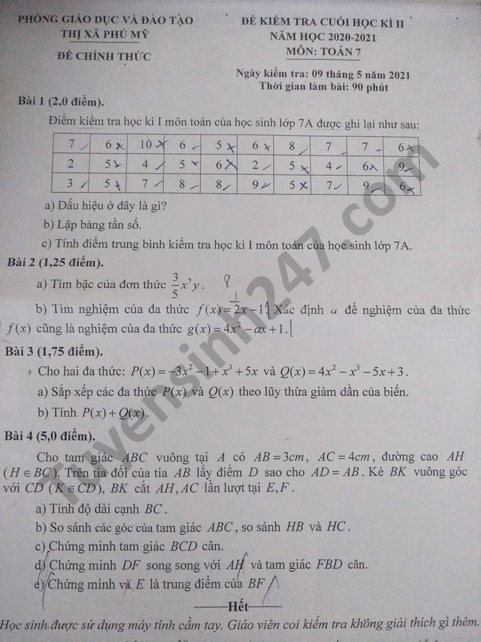 De thi hoc ki 2 nam 2021 TX Phu My mon Toan lop 7