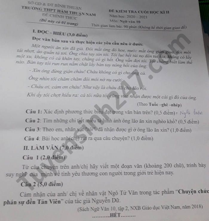 De thi hoc ki 2 nam 2021 THPT Ham Thuan Nam mon Van lop 10