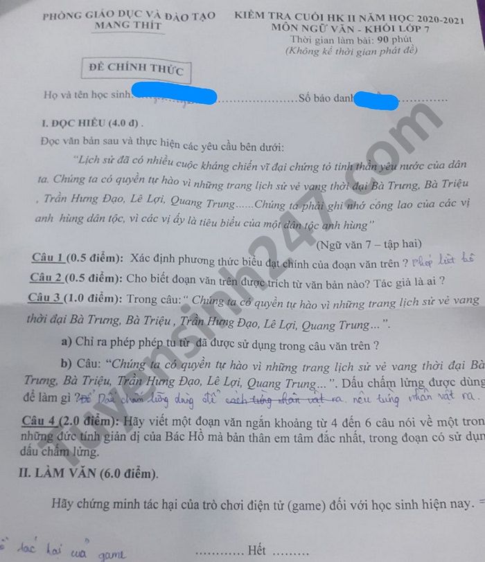 De thi hoc ki 2 mon Van lop 7 nam 2021 Phong GD Mang Thit