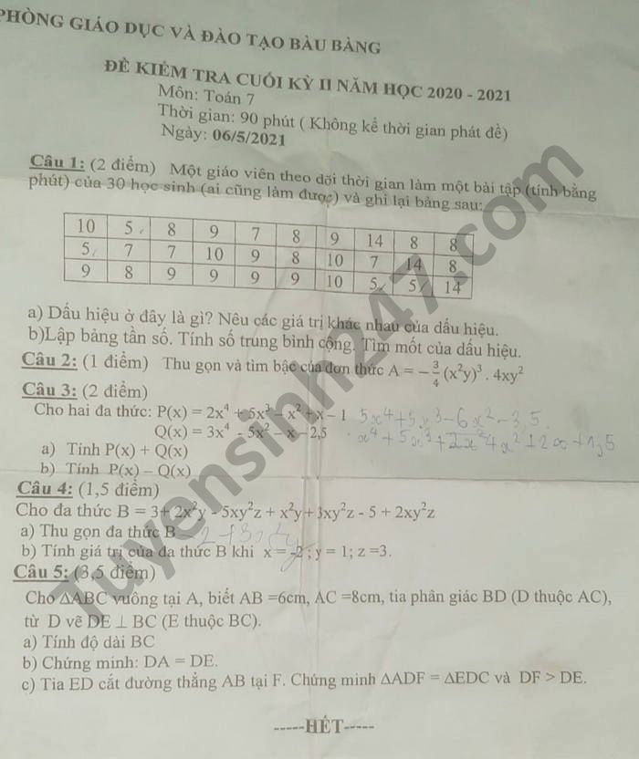 De thi hoc ki 2 nam 2021 mon Toan lop 7 Phong GD Bau Bang
