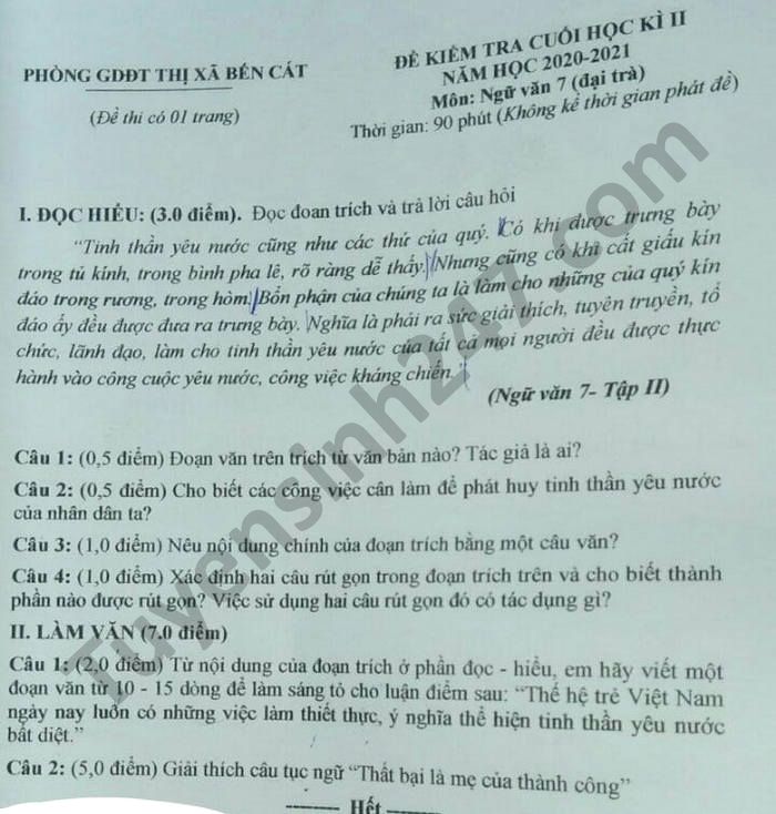 De thi hoc ki 2 - Phong GD TX Ben Cat mon Van lop 7 nam 2021