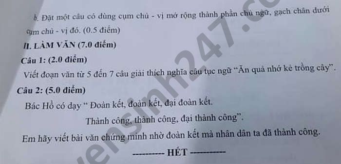 De thi hoc ki 2 nam 2021 mon Van lop 7 Huyen Tra On