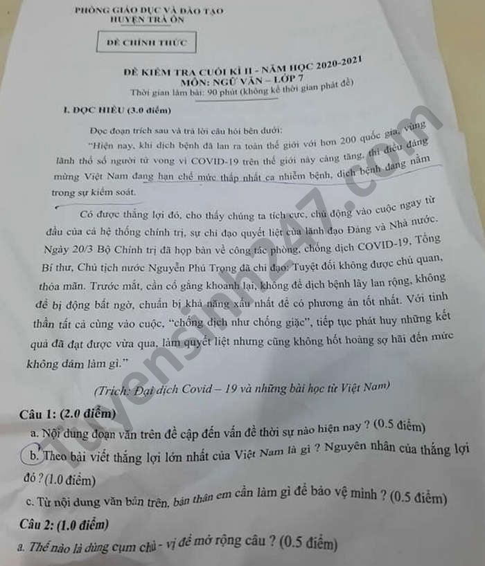 De thi hoc ki 2 nam 2021 mon Van lop 7 Huyen Tra On