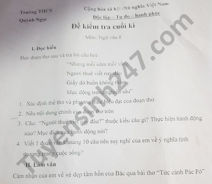 De thi hoc ki 2 nam 2021 mon Van lop 8 THCS Quynh Ngoc