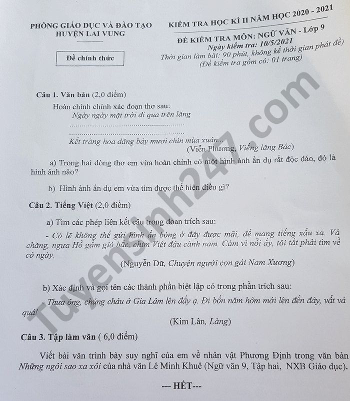 De thi hoc ki 2 lop 9 mon Van huyen Lai Vung nam 2021