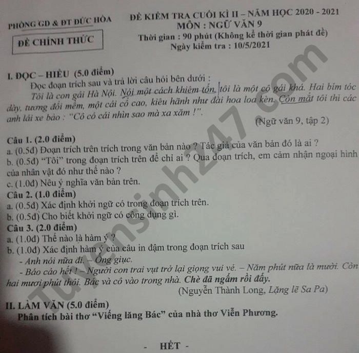 De thi hoc ki 2 nam 2021 mon Van lop 9 Phong GD Duc Hoa