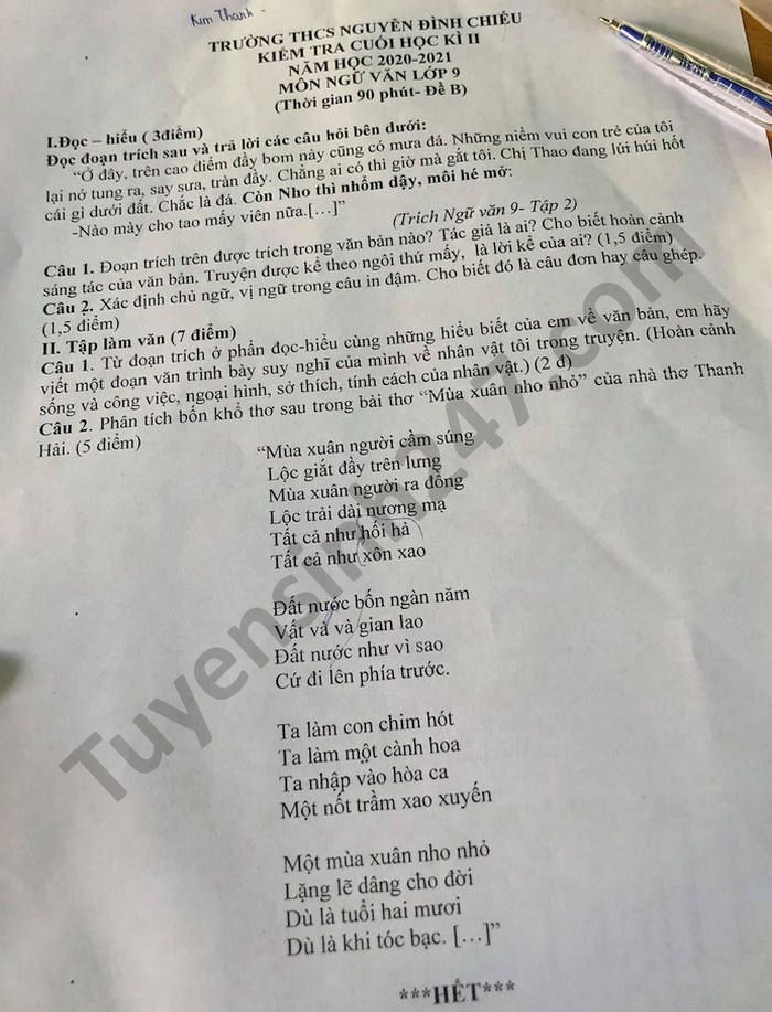 De thi hoc ki 2 mon Van lop 9 nam 2021 THCS Nguyen Dinh Chieu