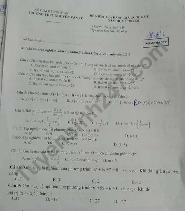 De thi ki 2 mon Toan lop 10 nam 2021 - THPT Nguyen Van To