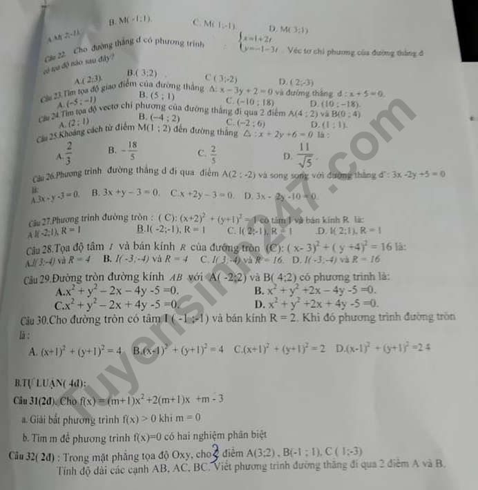 De thi ki 2 mon Toan lop 10 nam 2021 - THPT Nguyen Van To