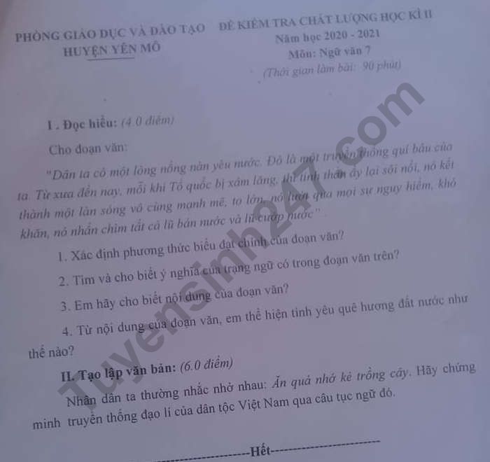 De thi ki 2 lop 7 mon Van 2021 - Phong GD Yen Mo