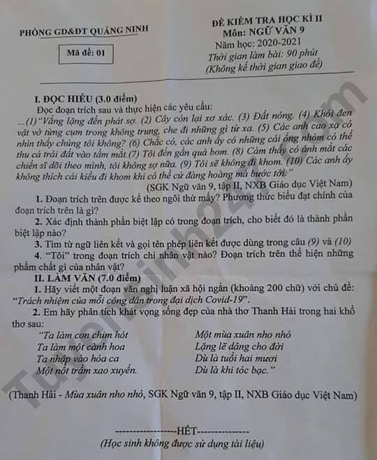 De thi ki 2 mon Van lop 9 Phong GD Quang Ninh 2021