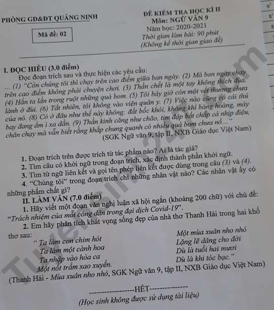 De thi ki 2 mon Van lop 9 Phong GD Quang Ninh 2021