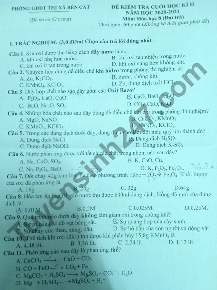 De thi hoc ki 2 mon Hoa lop 8 - TX Ben Cat 2021