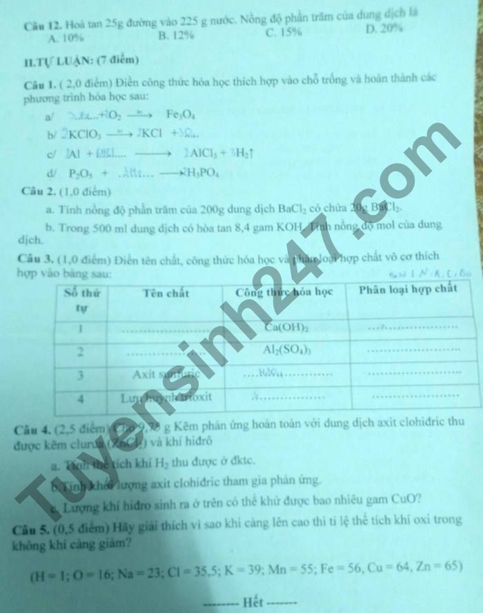 De thi hoc ki 2 mon Hoa lop 8 - TX Ben Cat 2021