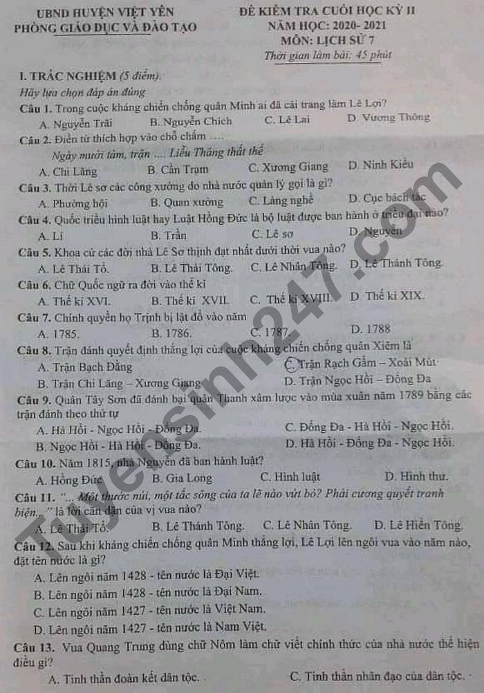 De thi hoc ki 2 mon Su lop 7 - Huyen Viet Yen 2021