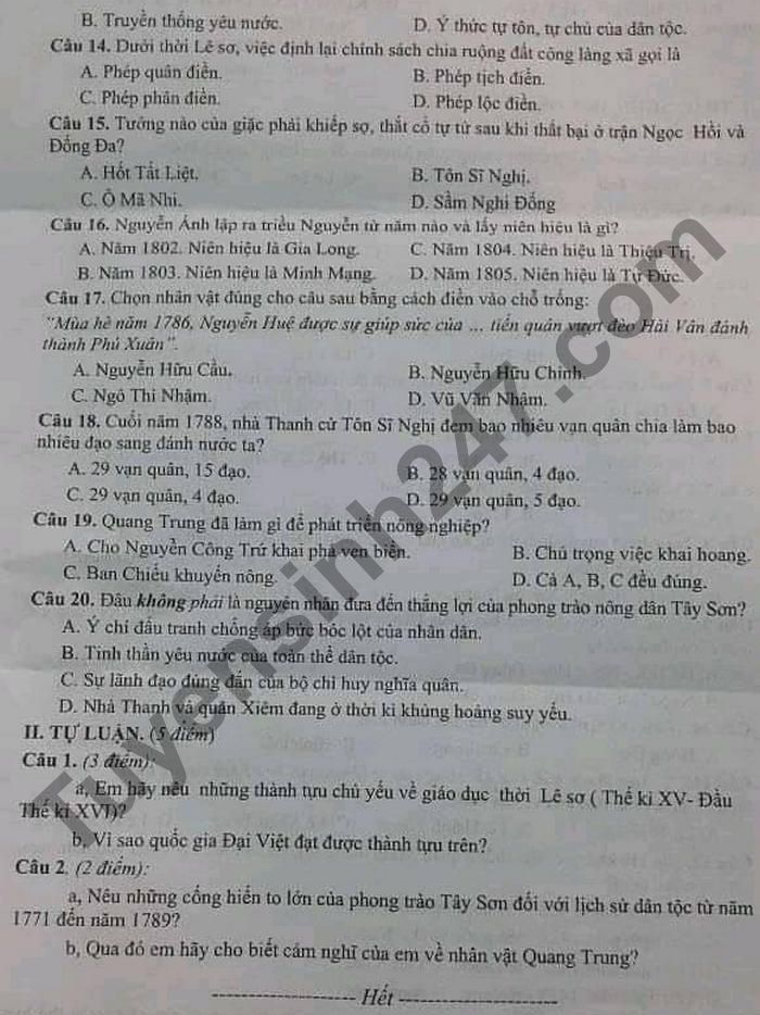 De thi hoc ki 2 mon Su lop 7 - Huyen Viet Yen 2021