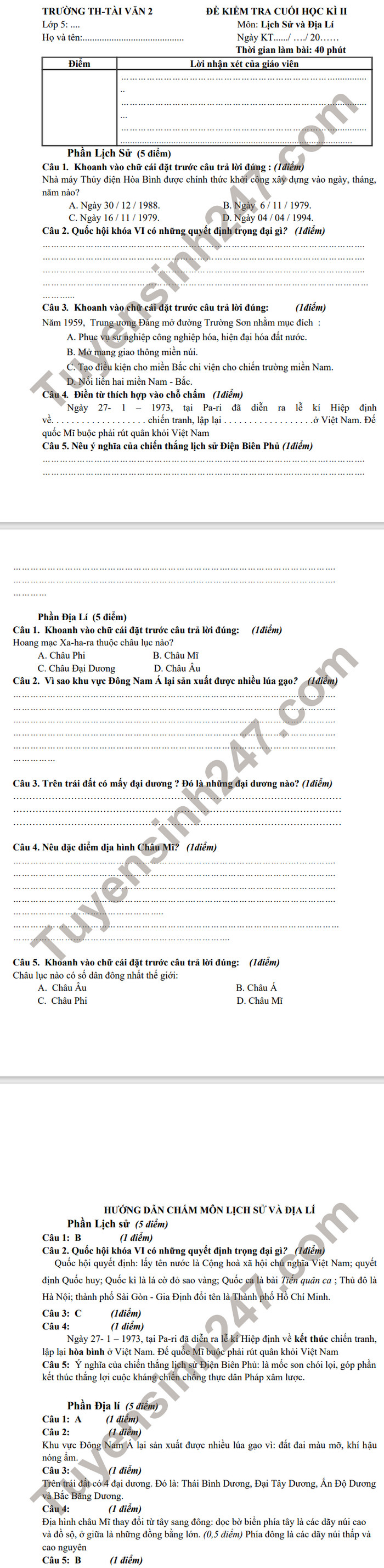 De thi cuoi ki 2 mon Su-Dia lop 5 - TH Tai Van 2 nam 2021 (Co dap an)