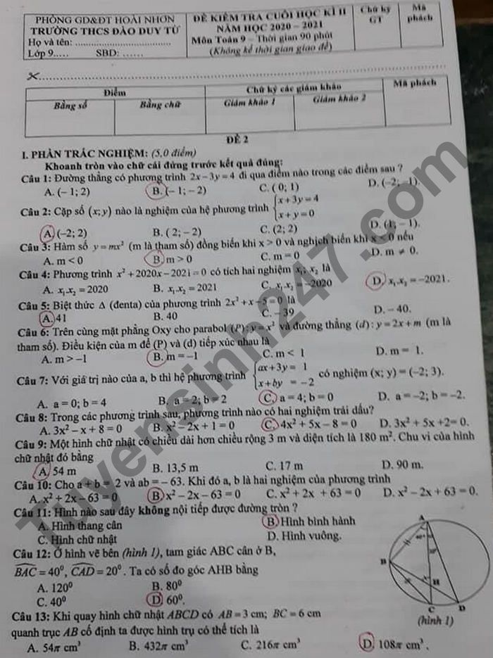 De thi hoc ki 2 mon Toan lop 9 - THCS Dao Duy Tu 2021