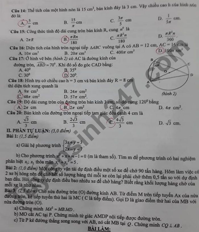 De thi hoc ki 2 mon Toan lop 9 - THCS Dao Duy Tu 2021