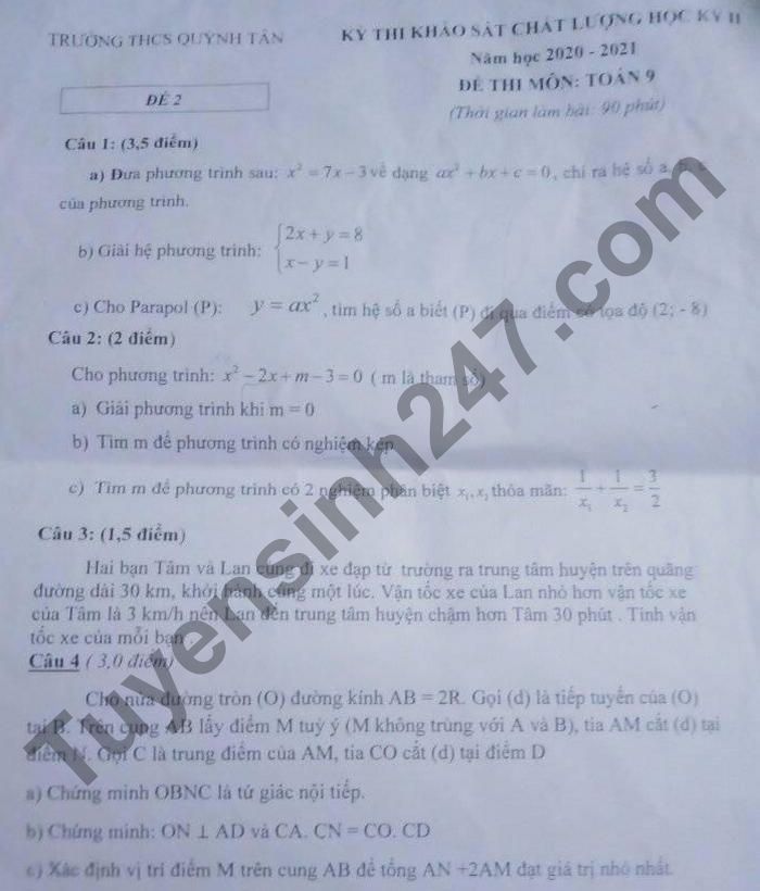 De thi hoc ki 2 mon Toan lop 9 - THCS Quynh Tan 2021