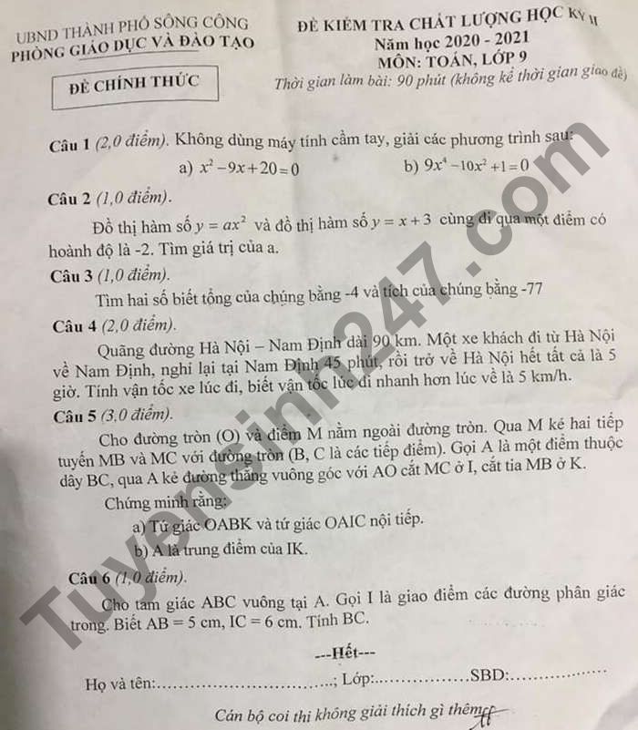 De thi hoc ki 2 mon Toan lop 9 - TP Song Cong 2021