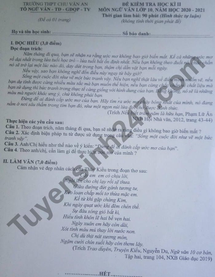 De thi hoc ki 2 mon Van lop 10 - THPT Chu Van An 2021