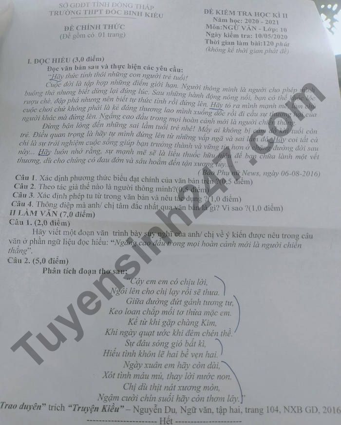 De thi ki 2 nam 2021 THPT Doc Binh Kieu lop 10 mon Van
