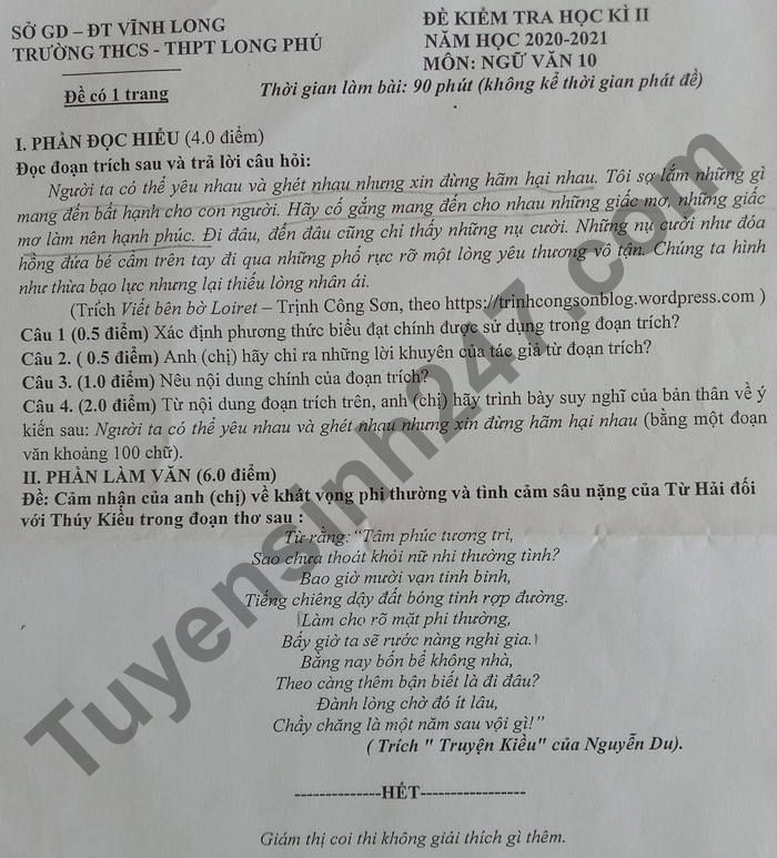 De thi hoc ki 2 mon Van 10 - THCS&THPT Long Phu 2021