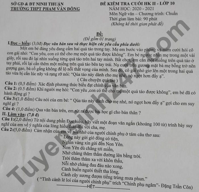 De thi hoc ki 2 lop 10 mon Van 2021 - THPT Pham Van Dong