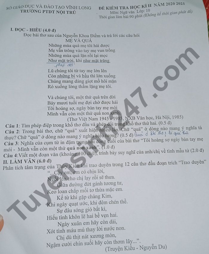 De thi hoc ki 2 mon Van lop 10 - PTDT Noi Tru tinh Vinh Long 2021