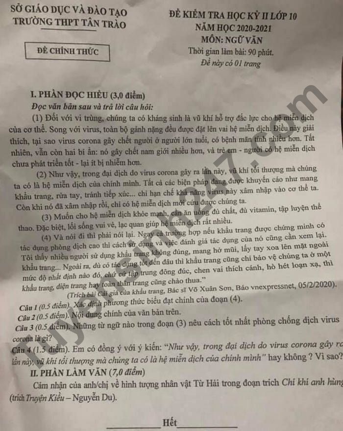 De thi ki 2 lop 10 mon Van 2021 - THPT Tan Trao