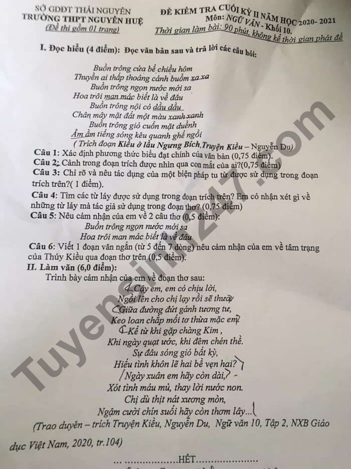 De thi ki 2 lop 10 mon Van 2021 THPT Nguyen Hue