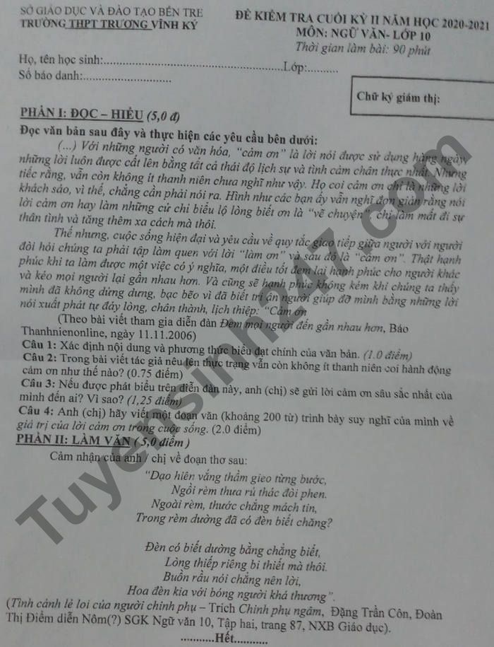 De thi cuoi ki 2 lop 10 mon Van - THPT Truong Vinh Ky 2021