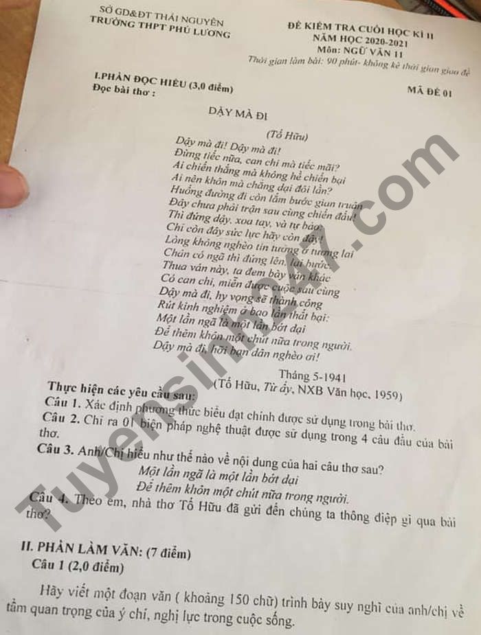 De thi hoc ki 2 mon Van lop 11 - THPT Phu Luong 2021