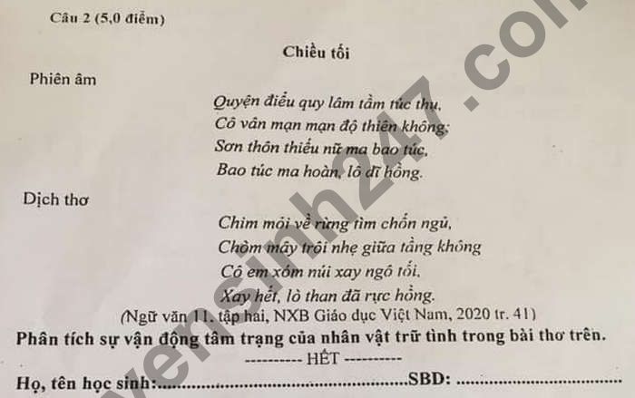 De thi hoc ki 2 mon Van lop 11 - THPT Phu Luong 2021