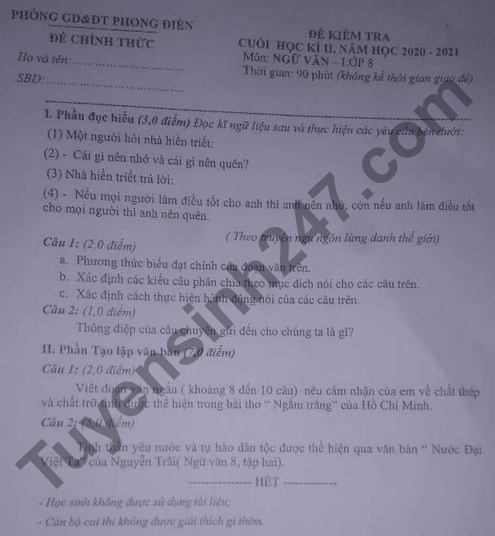 De thi hoc ki 2 mon Van lop 8 - Phong GD Phong Dien 2021