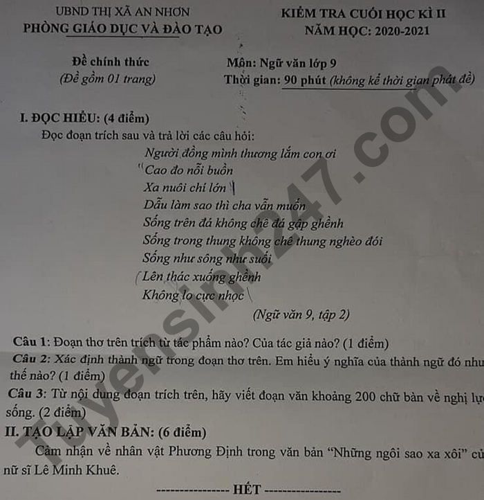 De thi cuoi ki 2 lop 9 mon Van 2021 - TX An Nhon