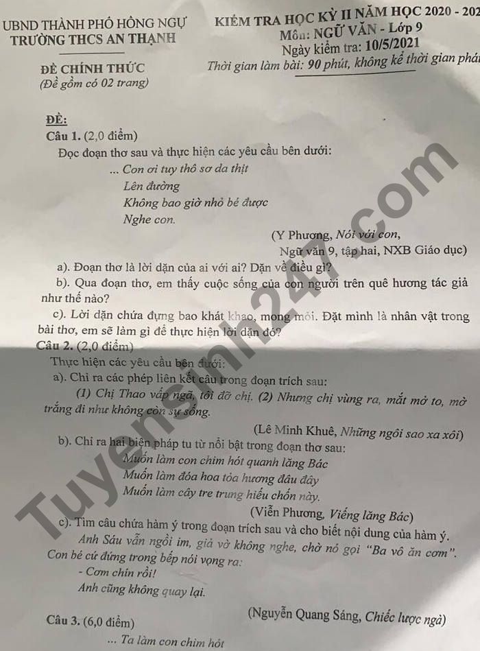 De thi ki 2 nam 2021 THCS An Thanh lop 9 mon Van