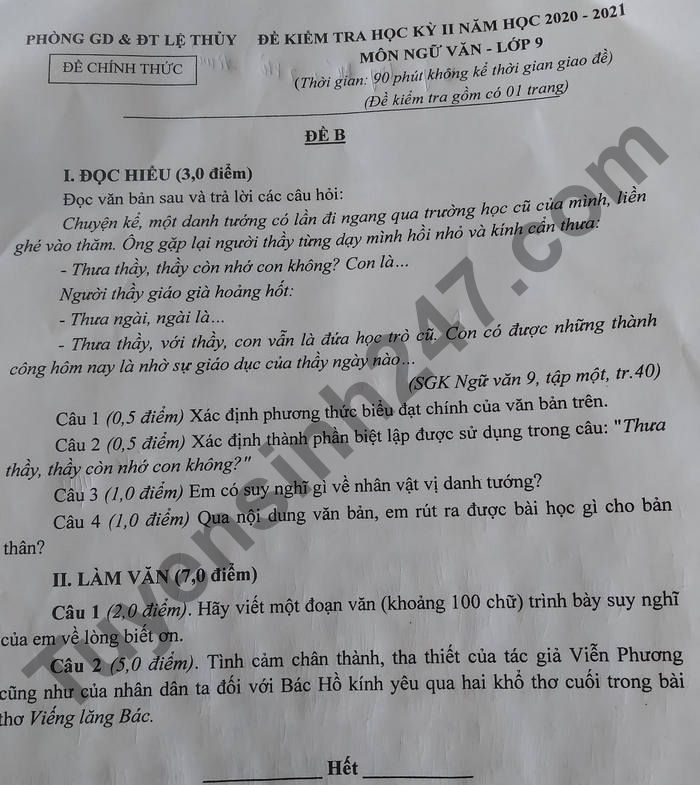 De thi ki 2 lop 9 mon Van 2021 - Phong GD Le Thuy