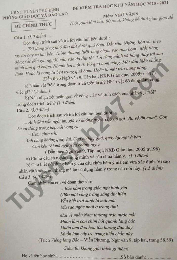 De thi hoc ki 2 mon Van lop 9 - Huyen Phu Binh 2021