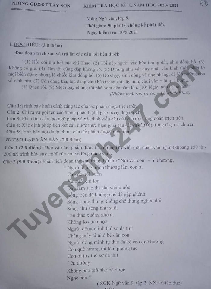 De thi hoc ki 2 nam 2021 Phong GD Tay Son lop 9 mon Van