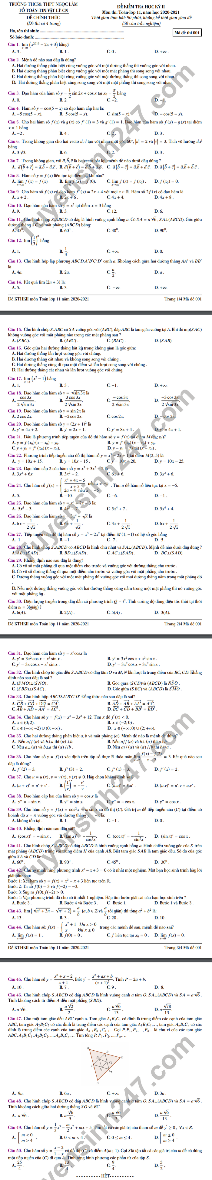 De thi hoc ki 2 nam 2021 mon Toan lop 11 THCS-THPT Ngoc Lam