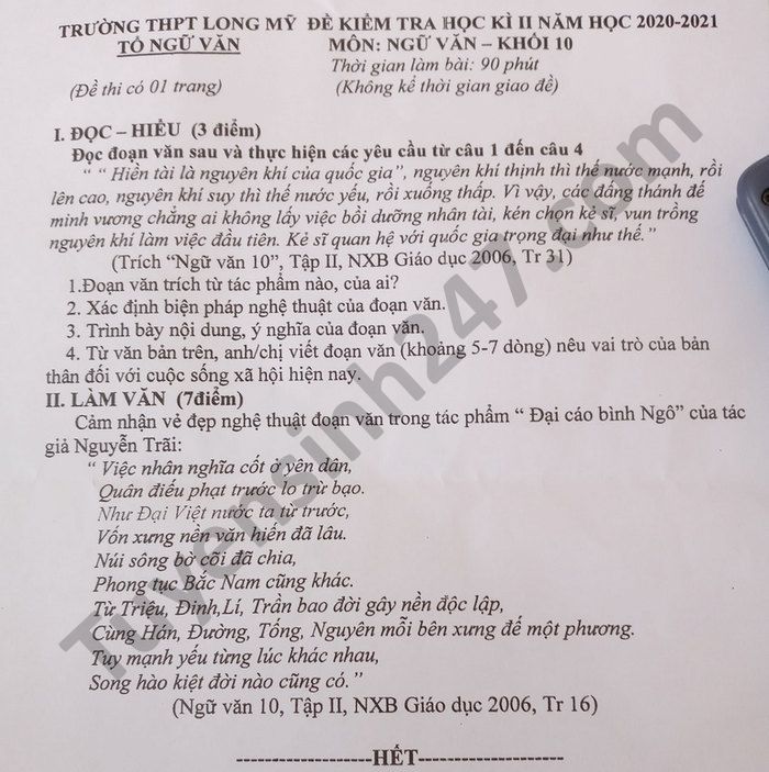De thi hoc ki 2 nam 2021 THPT Long My mon Van lop 10