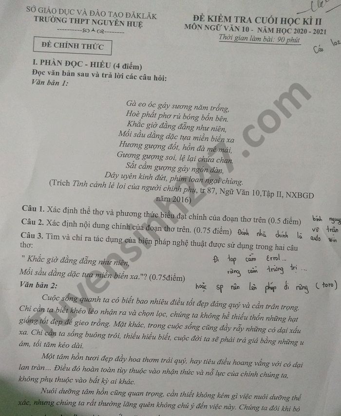 De thi hoc ki 2 THPT Nguyen Hue nam 2021 mon Van lop 10
