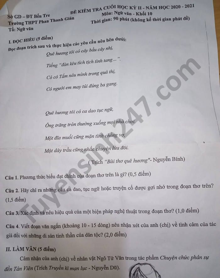 De thi hoc ki 2 nam 2021 mon Van lop 10 THPT Phan Thanh Gian