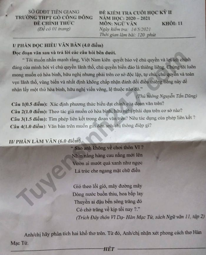 De thi hoc ki 2 nam 2021 THPT Go Cong Dong mon Van lop 11