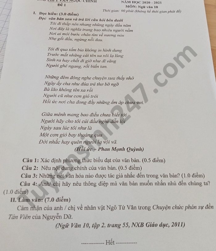 De thi hoc ki 2 nam 2021 mon Van lop 10 THPT Van Ngoc Chinh