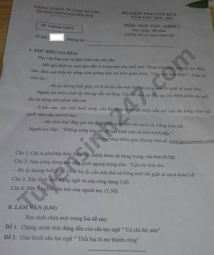 De thi hoc ki 2 mon Van lop 7 THCS Nguyen Hue nam 2021